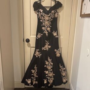Jovani Black Gown with gold & cream Floral Embroidery